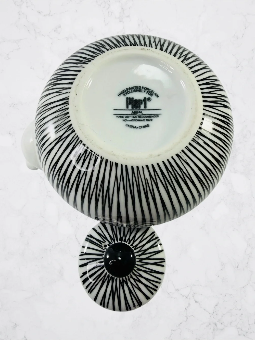 Pier 1 Hand Painted Porcelain Akina Black White Stripe Decorative Tea Pot Kettle